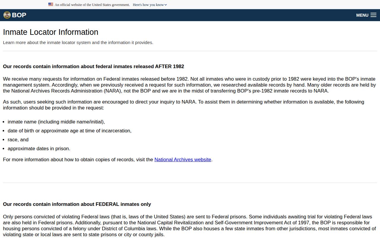 Federal Bureau of Prisons inmate locator release date explanation