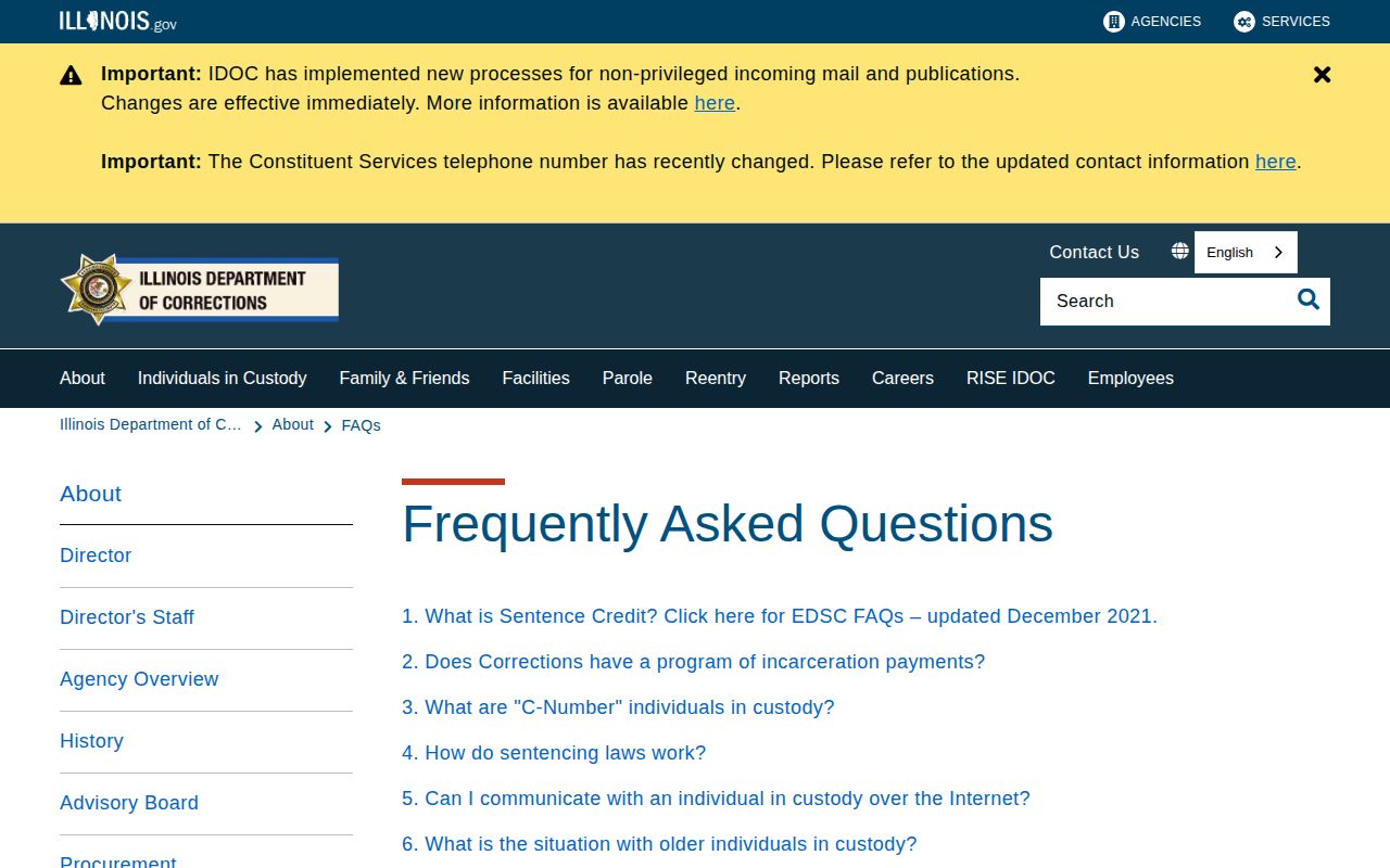 Illinois Department of Corrections projected date and sentence credit FAQ